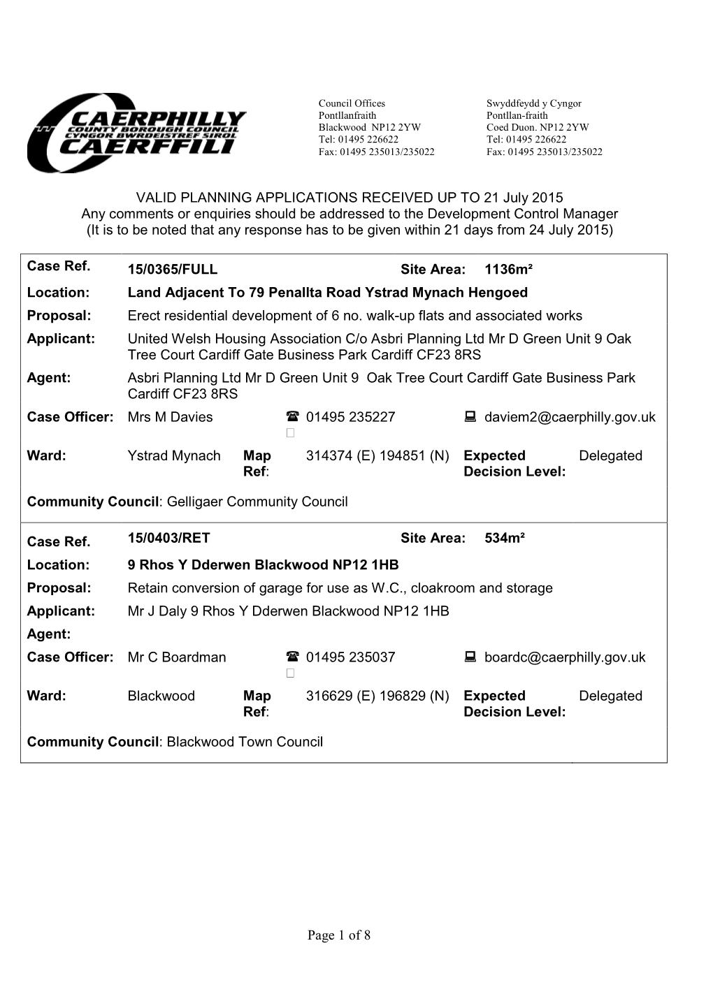 Page 1 of 8 VALID PLANNING APPLICATIONS RECEIVED up TO