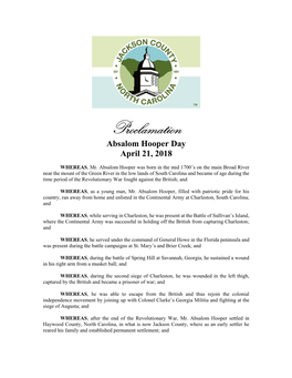 Proclamation Absalom Hooper Day April 21, 2018