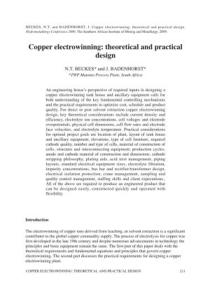Copper Electrowinning: Theoretical and Practical Design