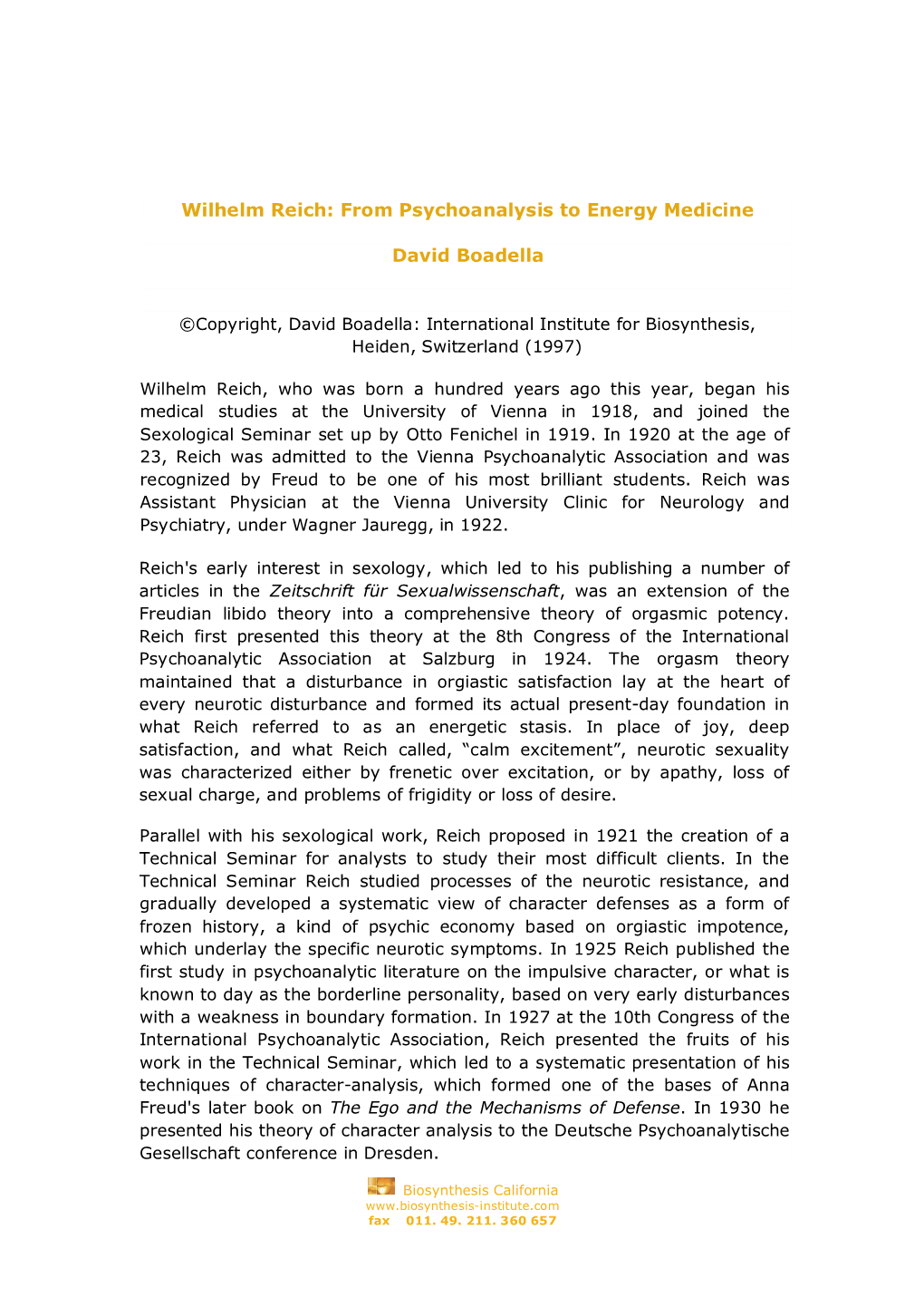 Wilhelm Reich: from Psychoanalysis to Energy Medicine