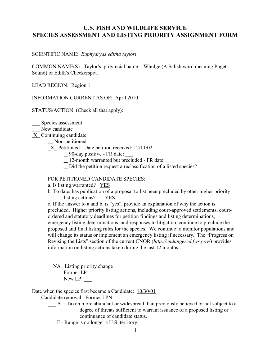 U.S. Fish and Wildlife Service Species Assessment and Listing Priority Assignment Form