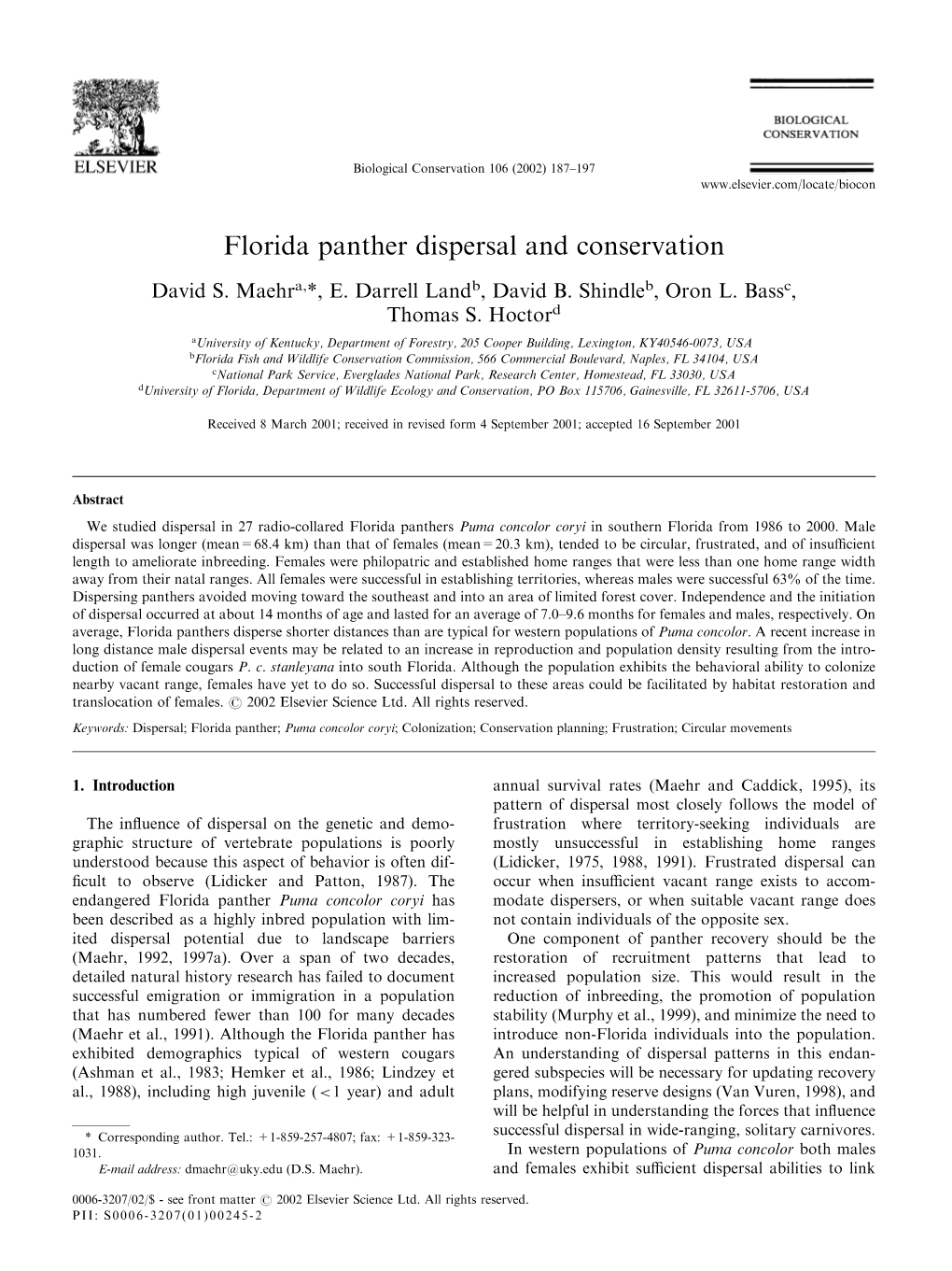 Florida Panther Dispersal and Conservation