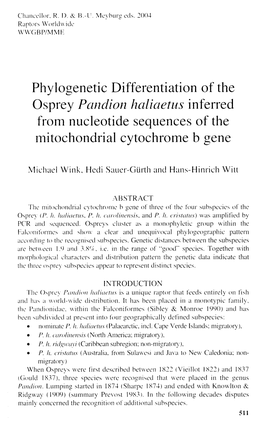 Phylogenetic Differentiation of the Osprey Pandion Haliaetus Inferred from Nucleotide Sequences of the Mitochondrial Cytochrome B Gene