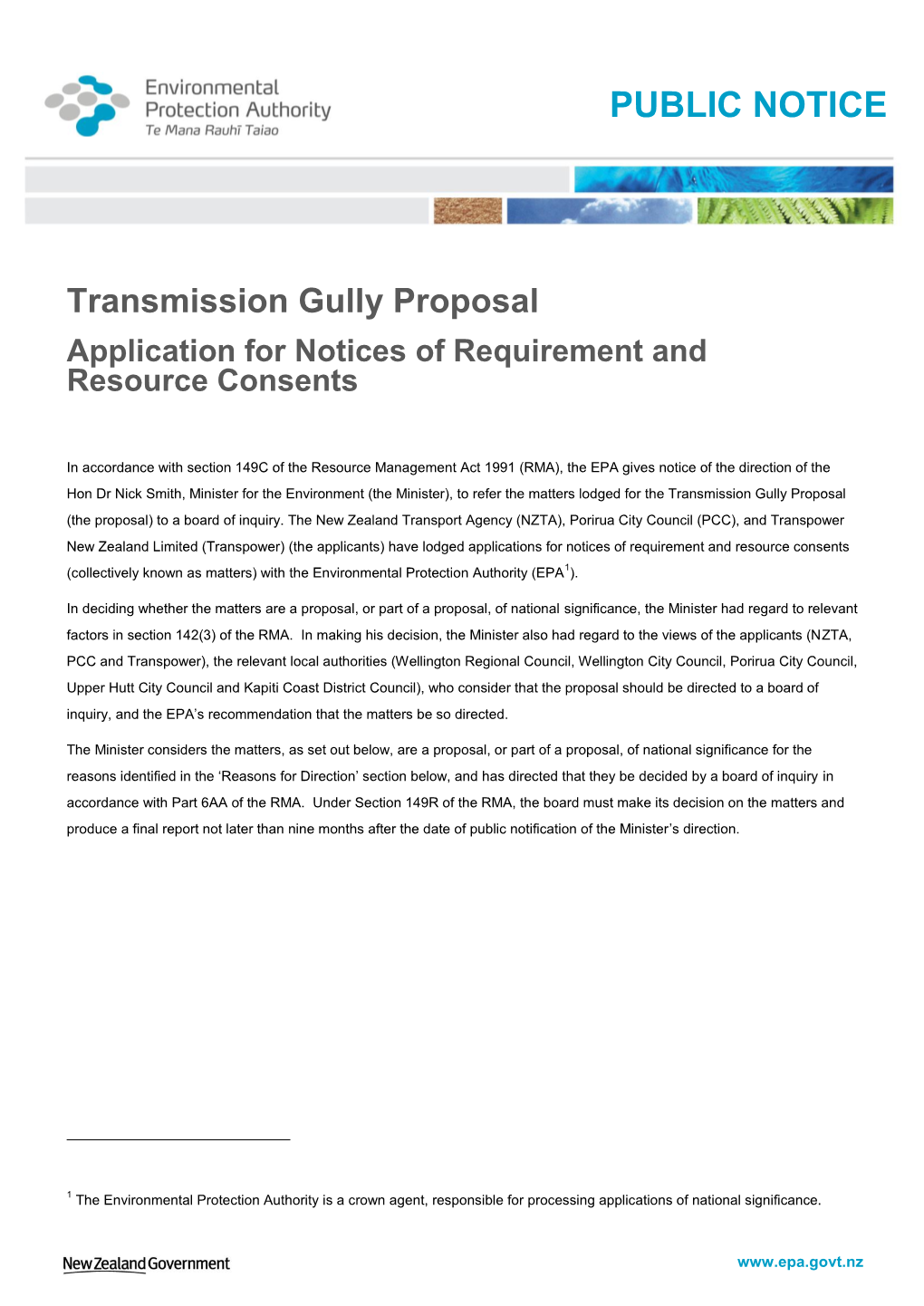 Public Notice: Transmission Gully Proposal