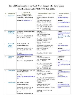 List of Departments of Govt. of West Bengal Who Have Issued Notifications Under WBRTPS Act, 2013