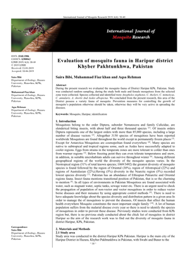 Evaluation of Mosquito Fauna in Haripur District Khyber