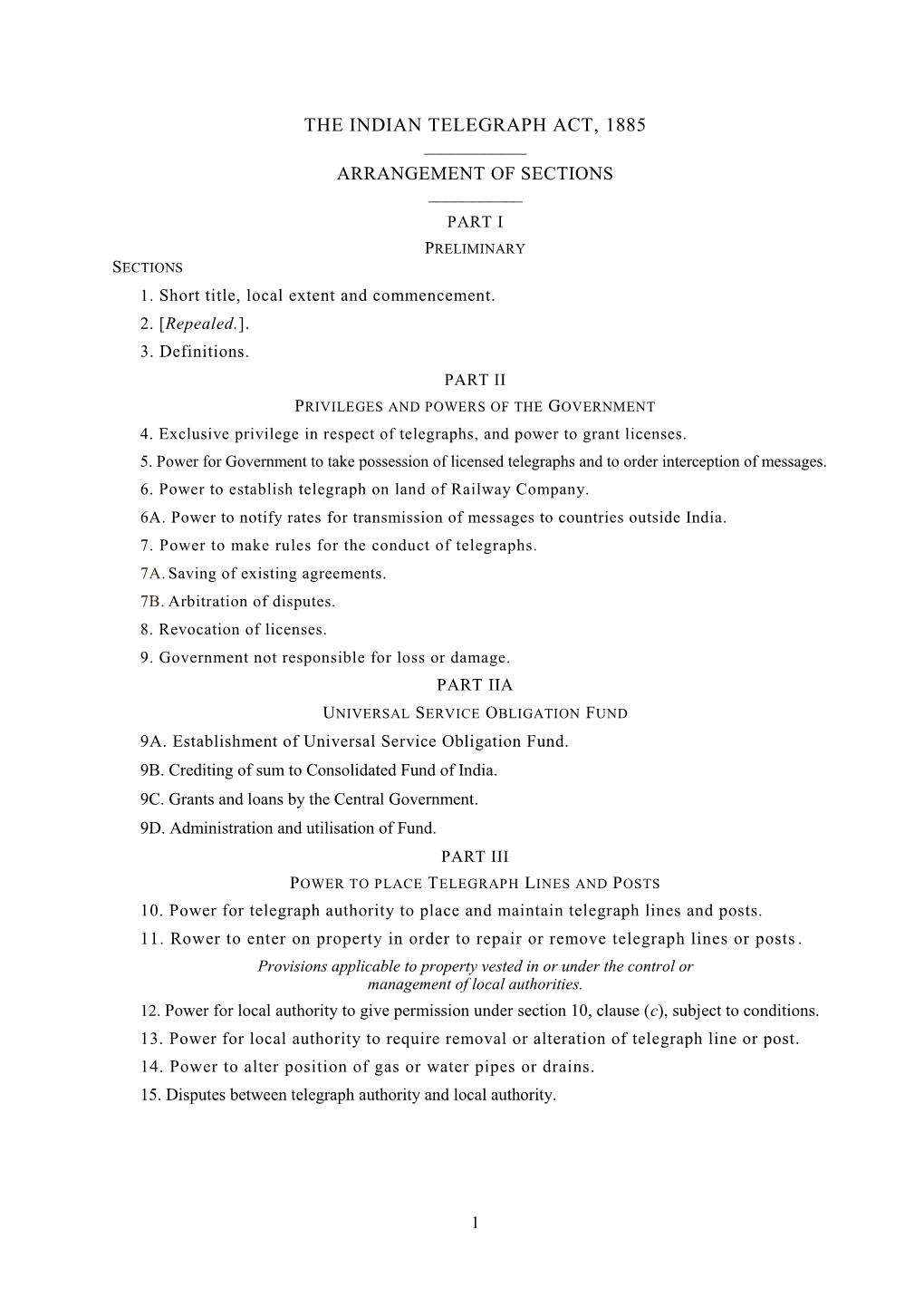 The Indian Telegraph Act, 1885 Arrangement of Sections