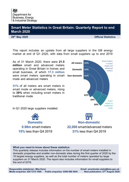 Smart Meter Statistics in Great Britain: Quarterly Report to End March 2020 28Th May 2020 Official Statistics