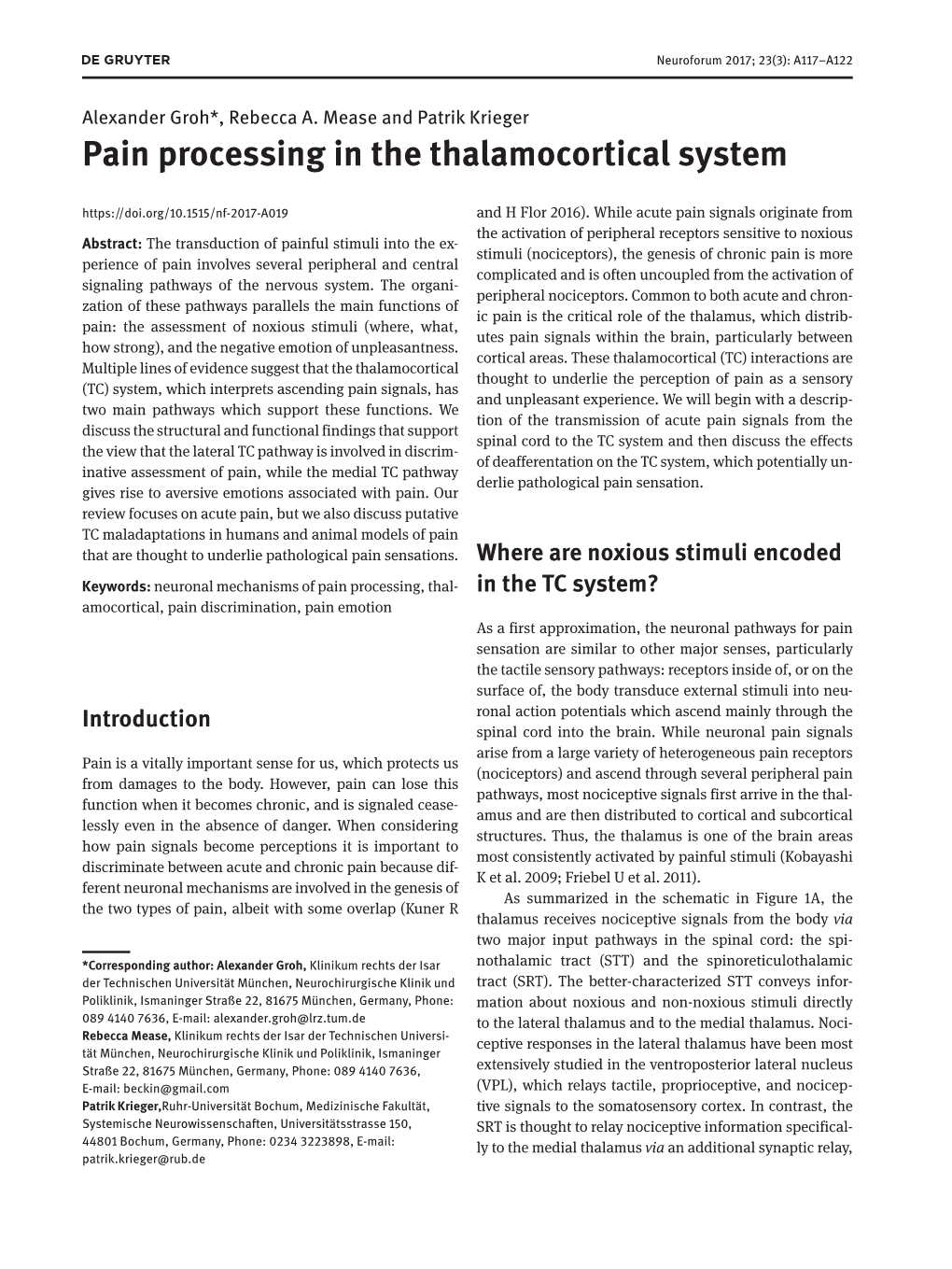 Pain Processing in the Thalamocortical System and H Flor 2016)