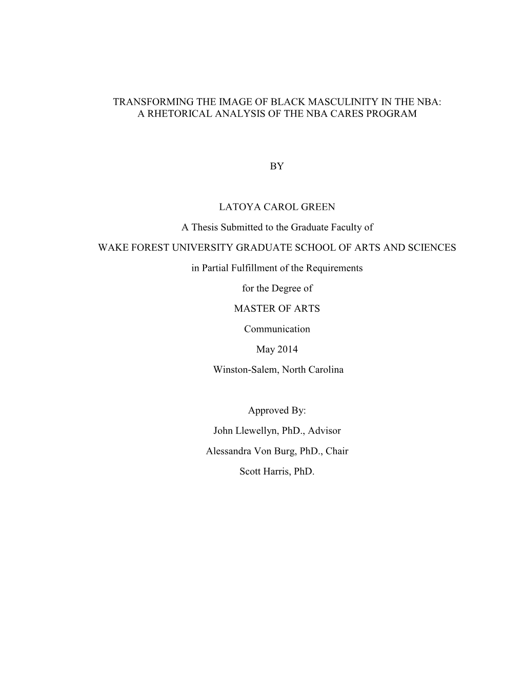 Transforming the Image of Black Masculinity in the Nba: a Rhetorical Analysis of the Nba Cares Program