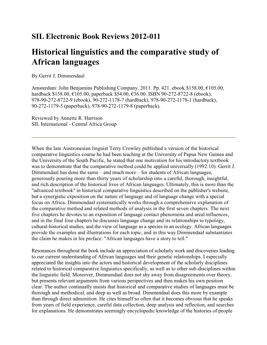 Historical Linguistics and the Comparative Study of African Languages