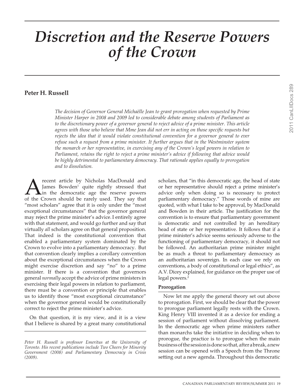 Discretion and the Reserve Powers of the Crown