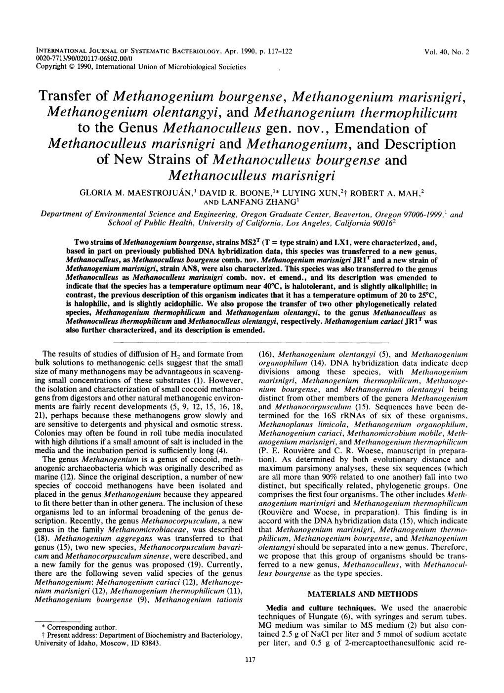 Methanoculleus Marisnigri and Methanogenium, and Description of New Strains of Methanoculleus Bourgense and Met H a Noc U 11 E Us Ma Ris N Igri GLORIA M