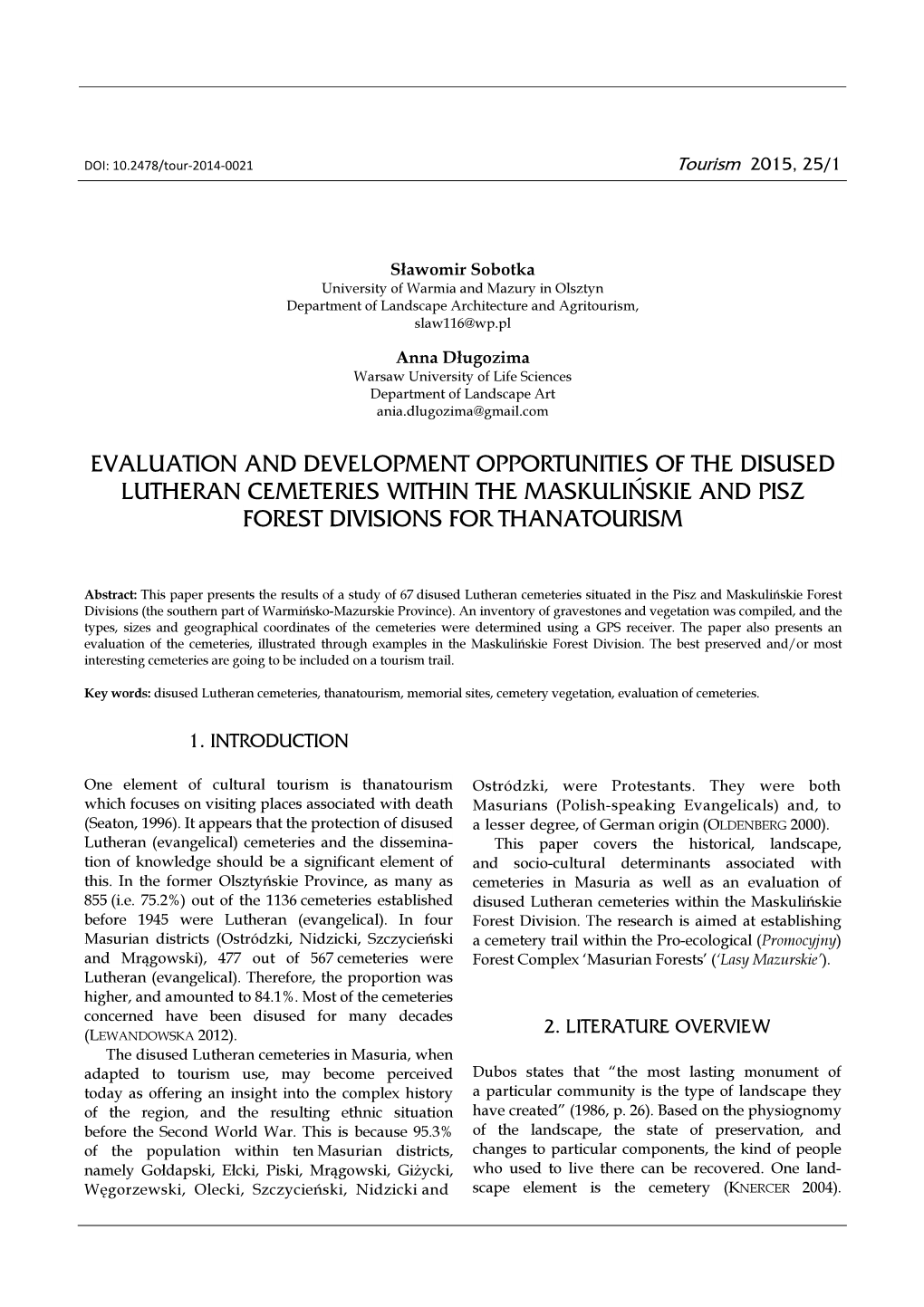 Evaluation and Development Opportunities of the Disused Lutheran Cemeteries Within the Maskulińskie and Pisz Forest Divisions for Thanatourism