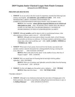 2019 Virginia Junior Classical League State Finals Certamen Advanced Level, OPEN Division