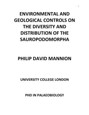 Environmental and Geological Controls on the Diversity and Distribution of the Sauropodomorpha
