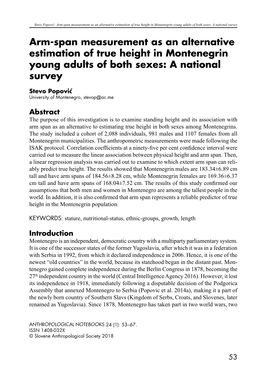 Arm-Span Measurement As an Alternative Estimation of True Height in Montenegrin Young Adults of Both Sexes: a National Survey