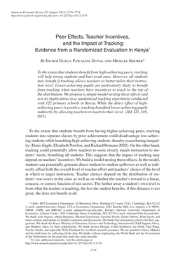 Peer Effects, Teacher Incentives, and the Impact of Tracking: Evidence from a Randomized Evaluation in Kenya†