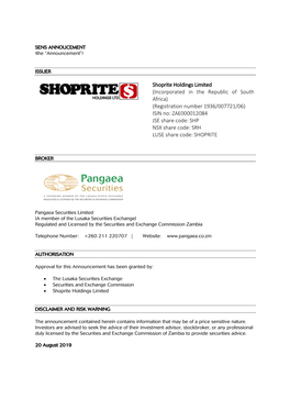 Shoprite Holdings Limited (Incorporated in the Republic of South Africa) (Registration Number 1936/007721/06) ISIN No: ZAE000012084