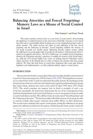 Balancing Atrocities and Forced Forgetting: Memory Laws As a Means of Social Control in Israel