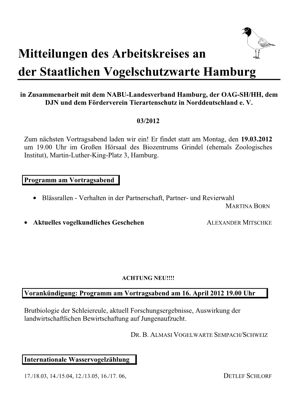 Mitteilungen Des Arbeitskreises an Der Staatlichen Vogelschutzwarte Hamburg 03/2012