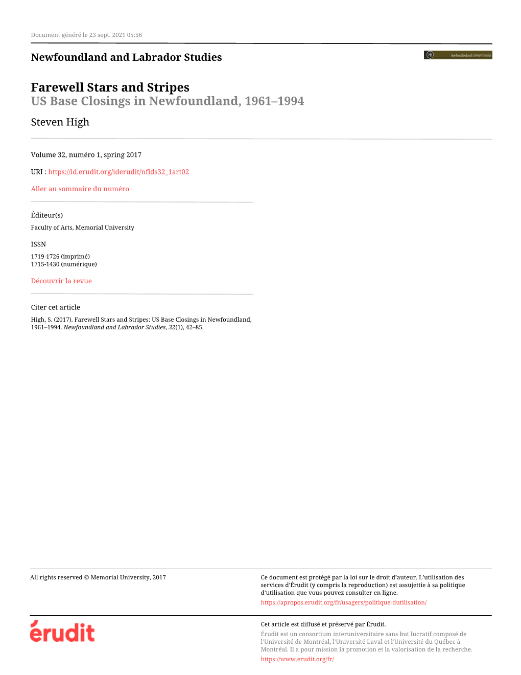 US Base Closings in Newfoundland, 1961–1994 Steven High