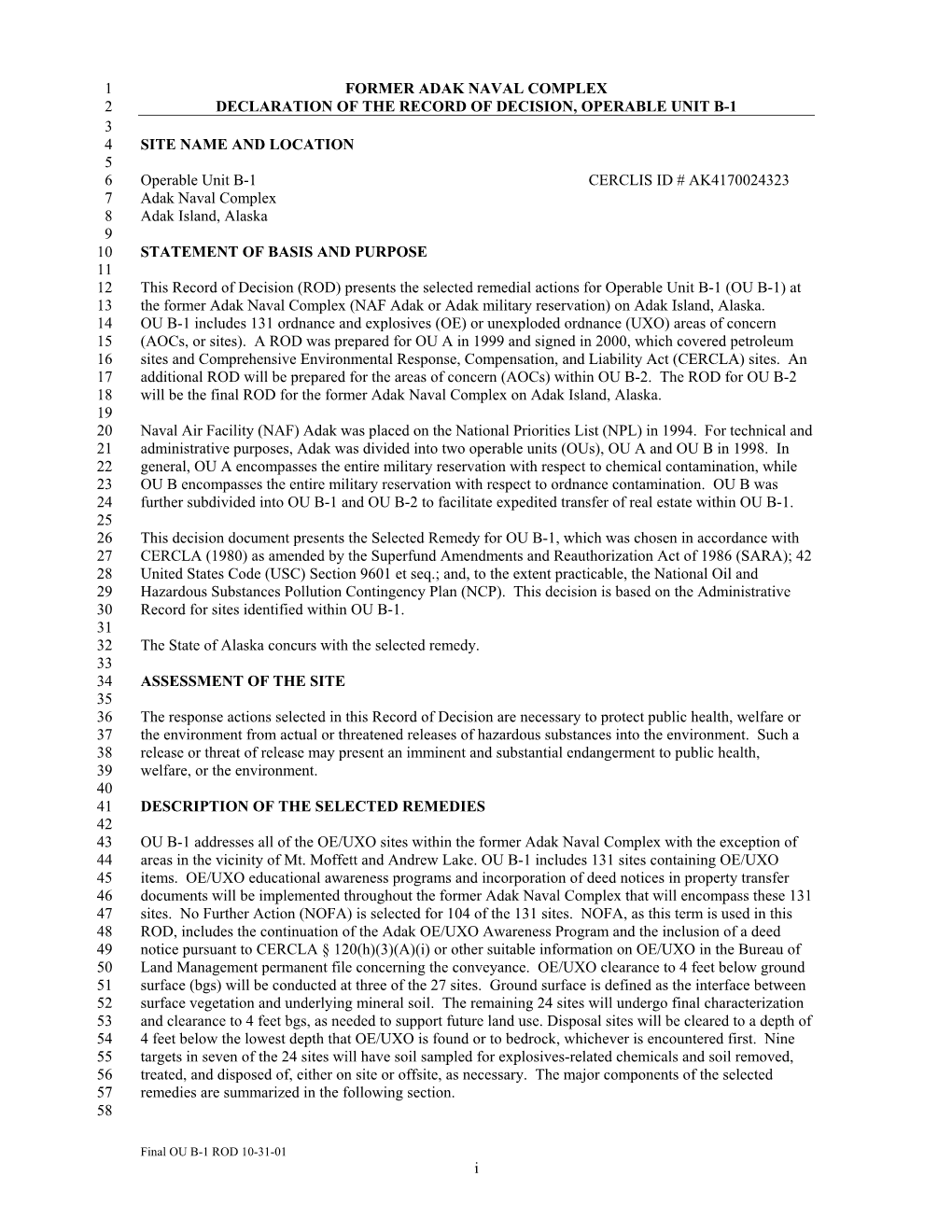 Declaration of the Record of Decision, Operable Unit B-1 Former Adak Naval Complex