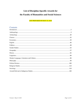 List of Discipline-Specific Awards for the Faculty of Humanities and Social Sciences