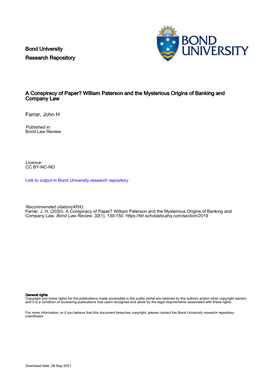 Bond University Research Repository a Conspiracy of Paper? William Paterson and the Mysterious Origins of Banking and Company La