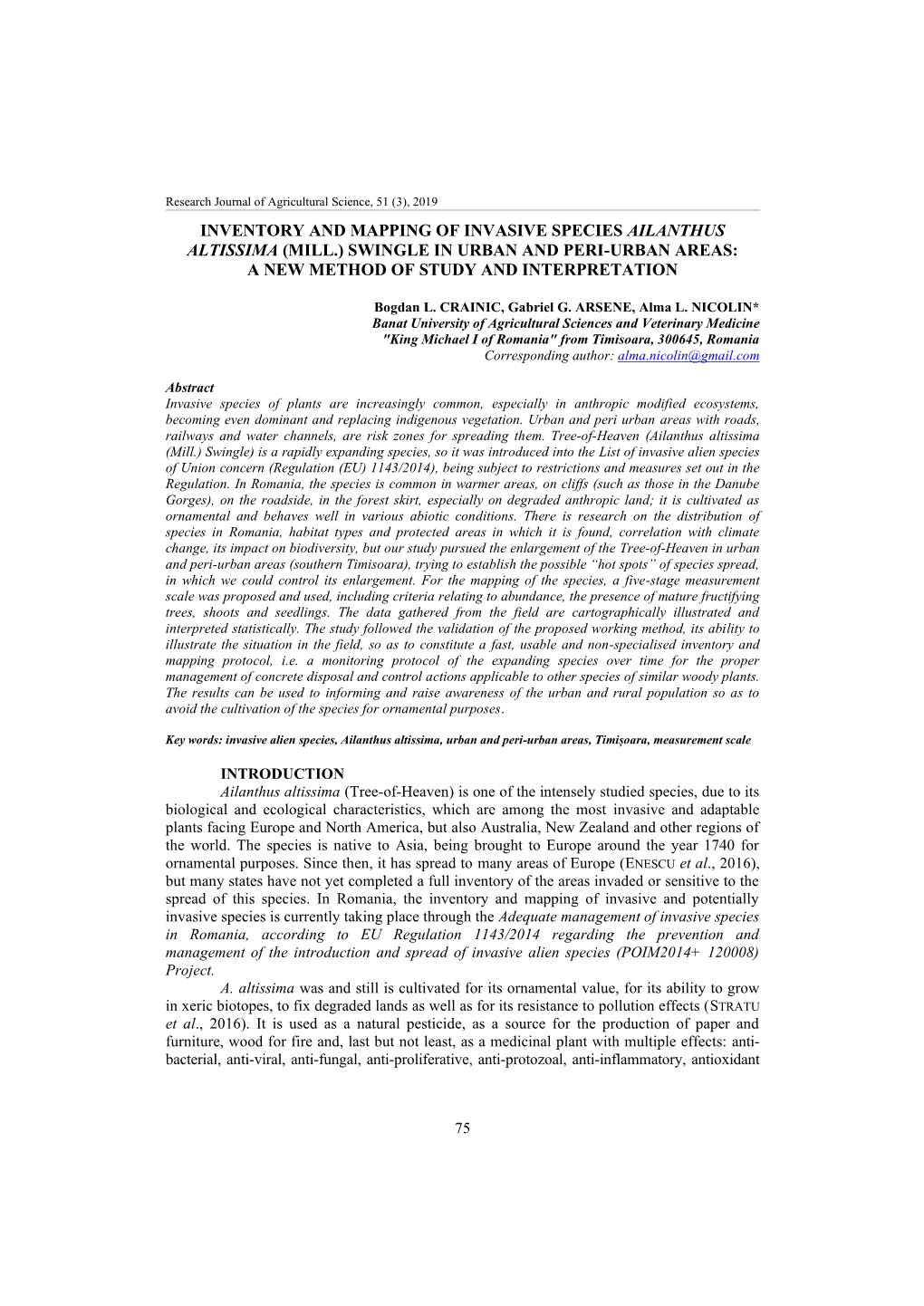 Inventory and Mapping of Invasive Species Ailanthus Altissima (Mill.) Swingle in Urban and Peri-Urban Areas: a New Method of Study and Interpretation