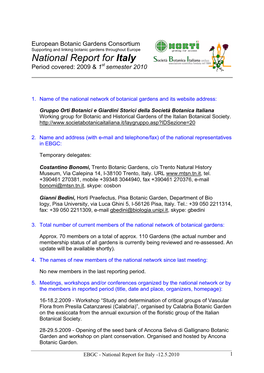 National Report for Italy Period Covered: 2009 & 1St Semester 2010
