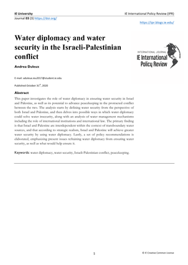 Water Diplomacy and Water Security in the Israeli-Palestinian Conflict