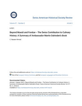 Beyond Muesli and Fondue -- the Swiss Contribution to Culinary History: a Summary of Ambassador Martin Dahinden’S Book