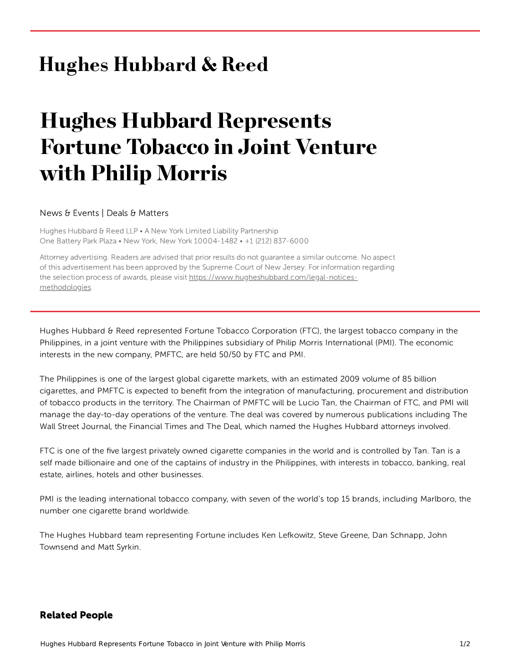 Hughes Hubbard Represents Fortune Tobacco in Joint Venture with Philip Morris