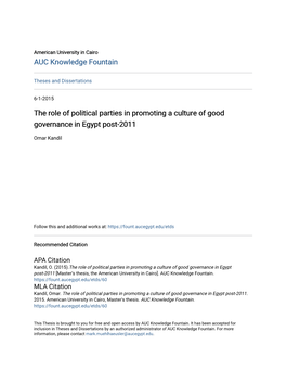 The Role of Political Parties in Promoting a Culture of Good Governance in Egypt Post-2011