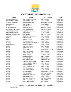 Wic Vendor List As of 06/2020