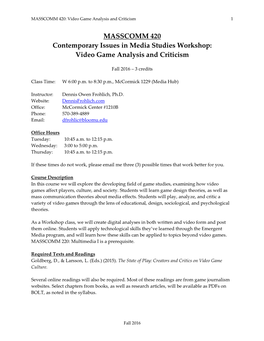 MASSCOMM 420 Contemporary Issues in Media Studies Workshop: Video Game Analysis and Criticism
