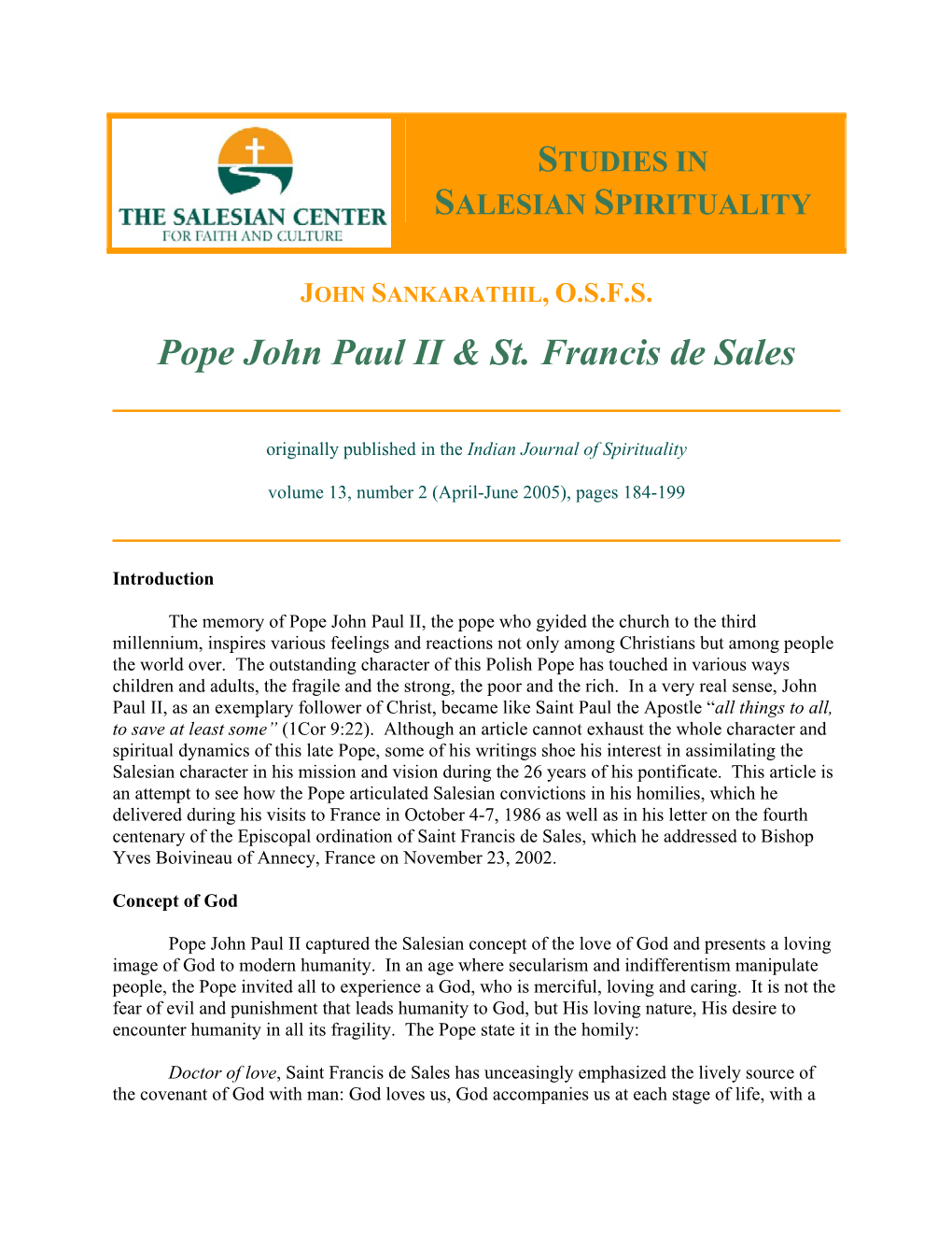 Pope John Paul II & St. Francis De Sales