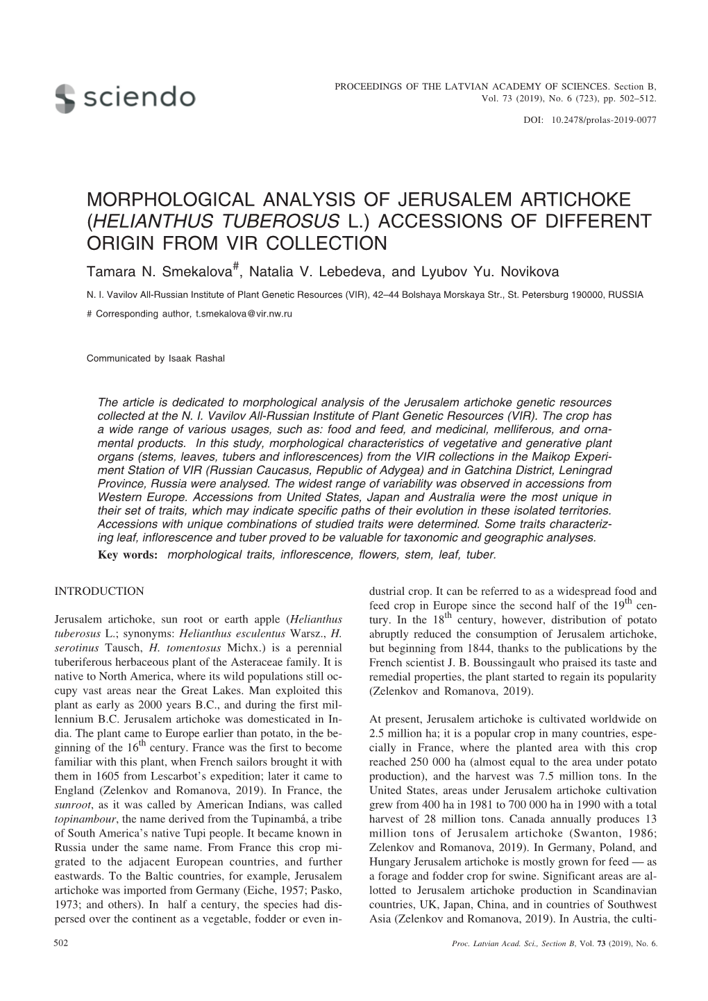 HELIANTHUS TUBEROSUS L.) ACCESSIONS of DIFFERENT ORIGIN from VIR COLLECTION Tamara N