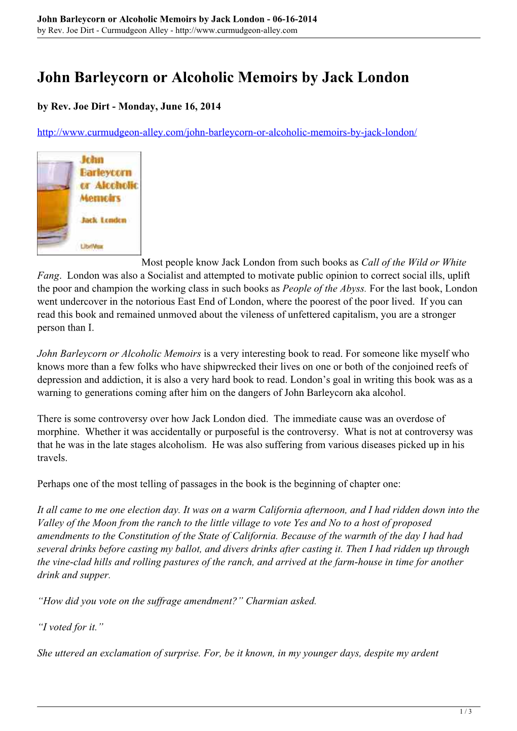 John Barleycorn Or Alcoholic Memoirs by Jack London - 06-16-2014 by Rev