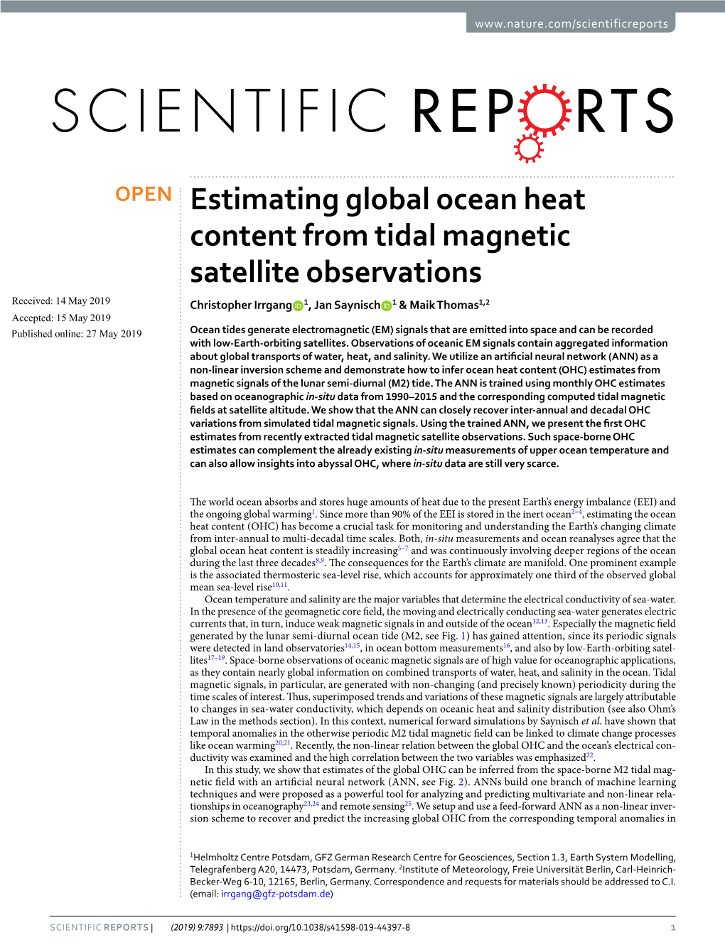 Estimating Global Ocean Heat Content from Tidal Magnetic Satellite