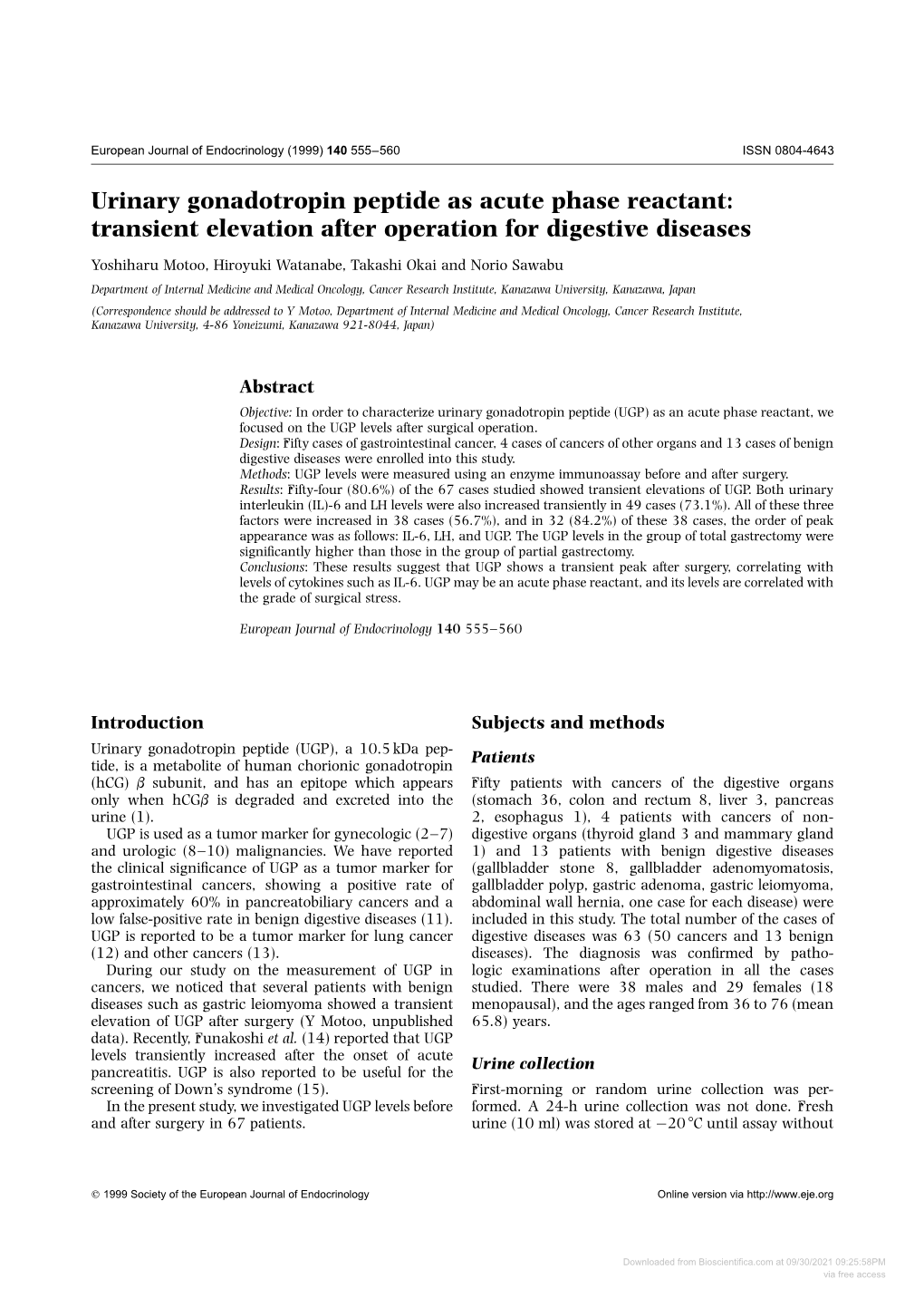 Urinary Gonadotropin Peptide As Acute Phase Reactant: Transient Elevation After Operation for Digestive Diseases