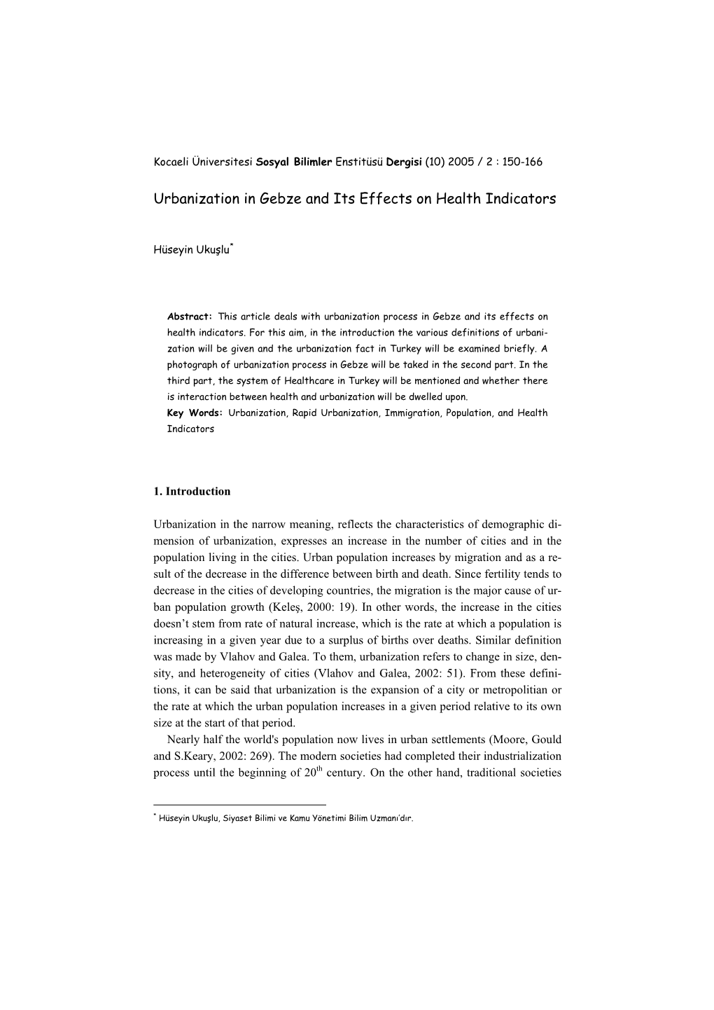 Urbanization in Gebze and Its Effects on Health Indicators