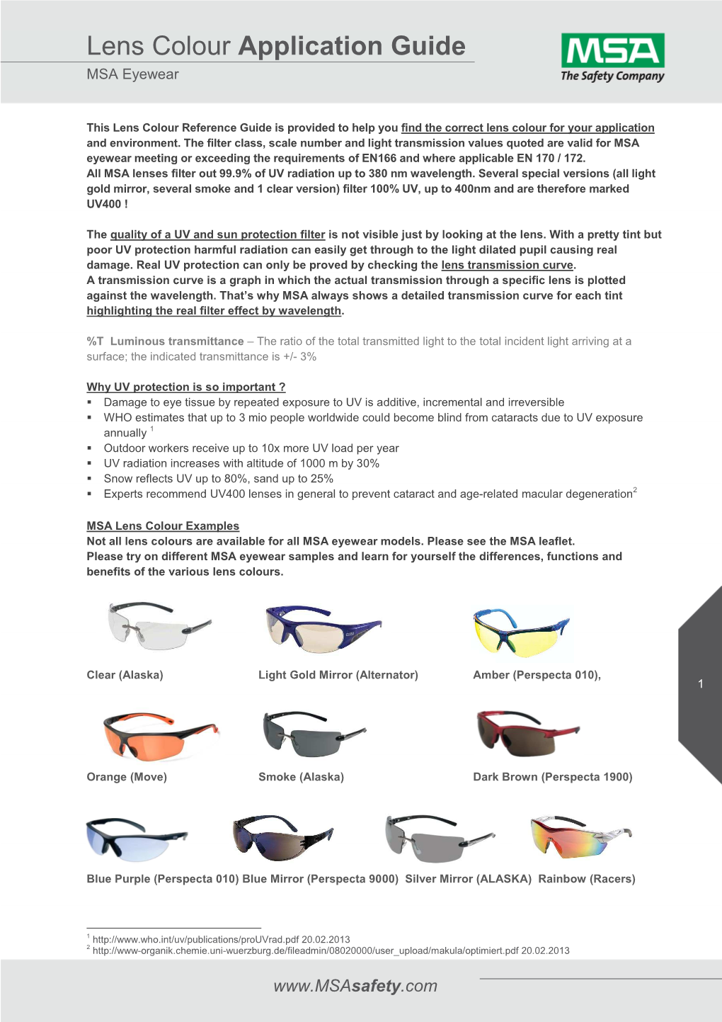 Lens Colour Application Guide MSA Eyewear