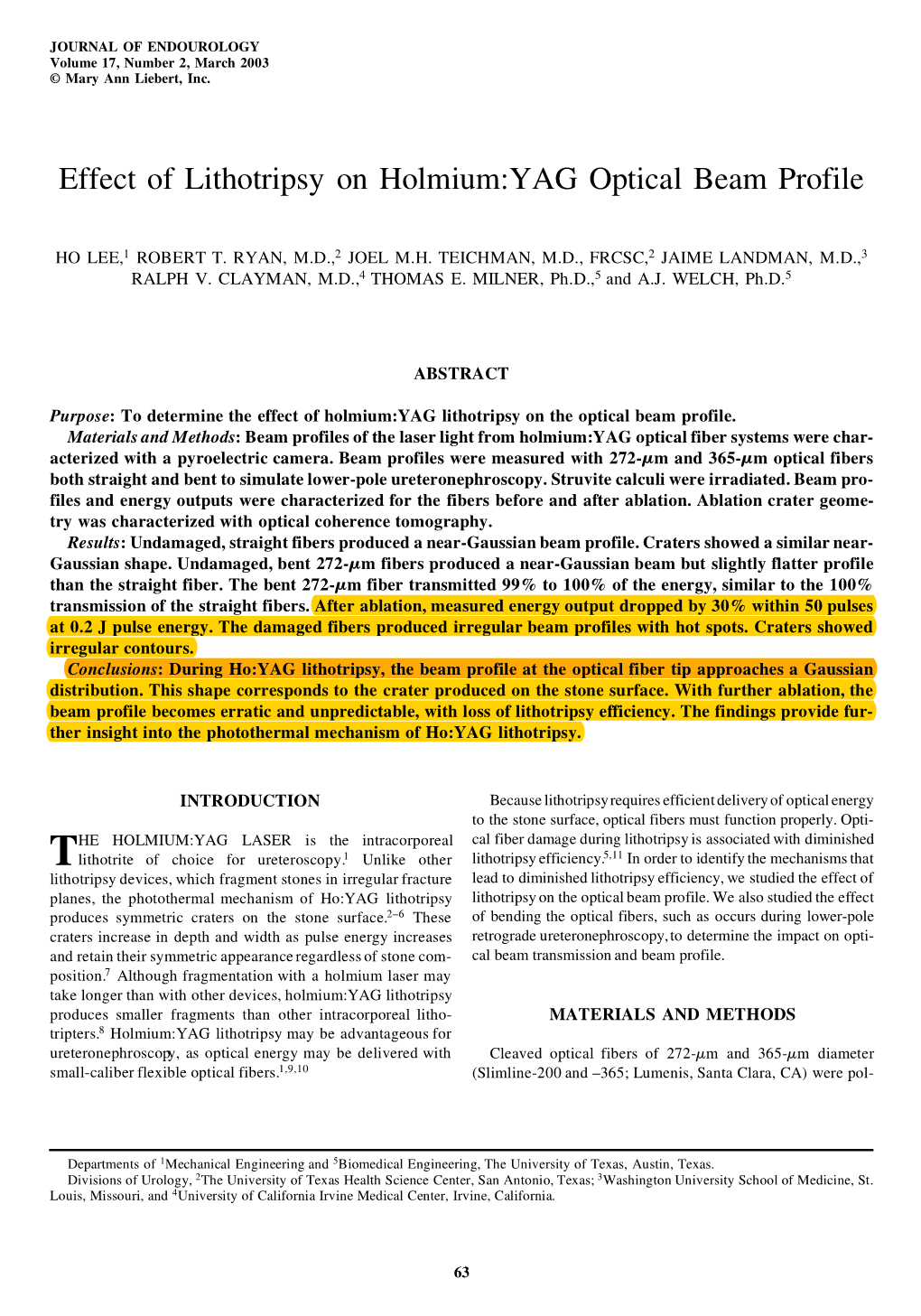 Effect of Lithotripsy on Holmium:YAG Optical Beam Profile