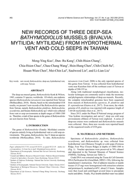 New Records of Three Deep-Sea Bathymodiolus Mussels (Bivalvia: Mytilida: Mytilidae) from Hydrothermal Vent and Cold Seeps in Taiwan
