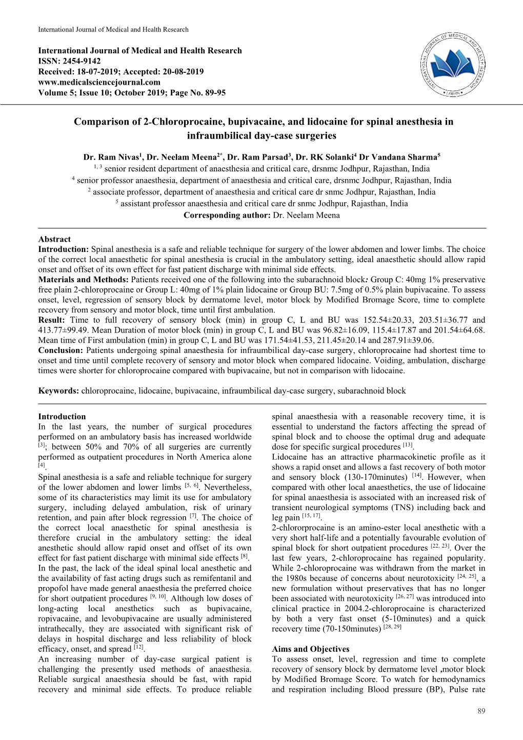 Comparison of 2-Chloroprocaine, Bupivacaine, and Lidocaine for Spinal ...