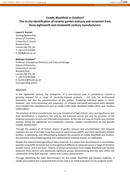 Coade, Blashfield Or Doulton? the In-Situ Identification of Ceramic Garden Statuary and Ornament from Three Eighteenth and Nineteenth Century Manufacturers