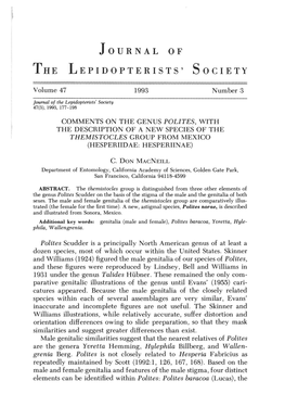 Comments on the Genus Polites, with the Description of a New Species of the Themistocles Group from Mexico (Hesperiidae: Hesperiinae)