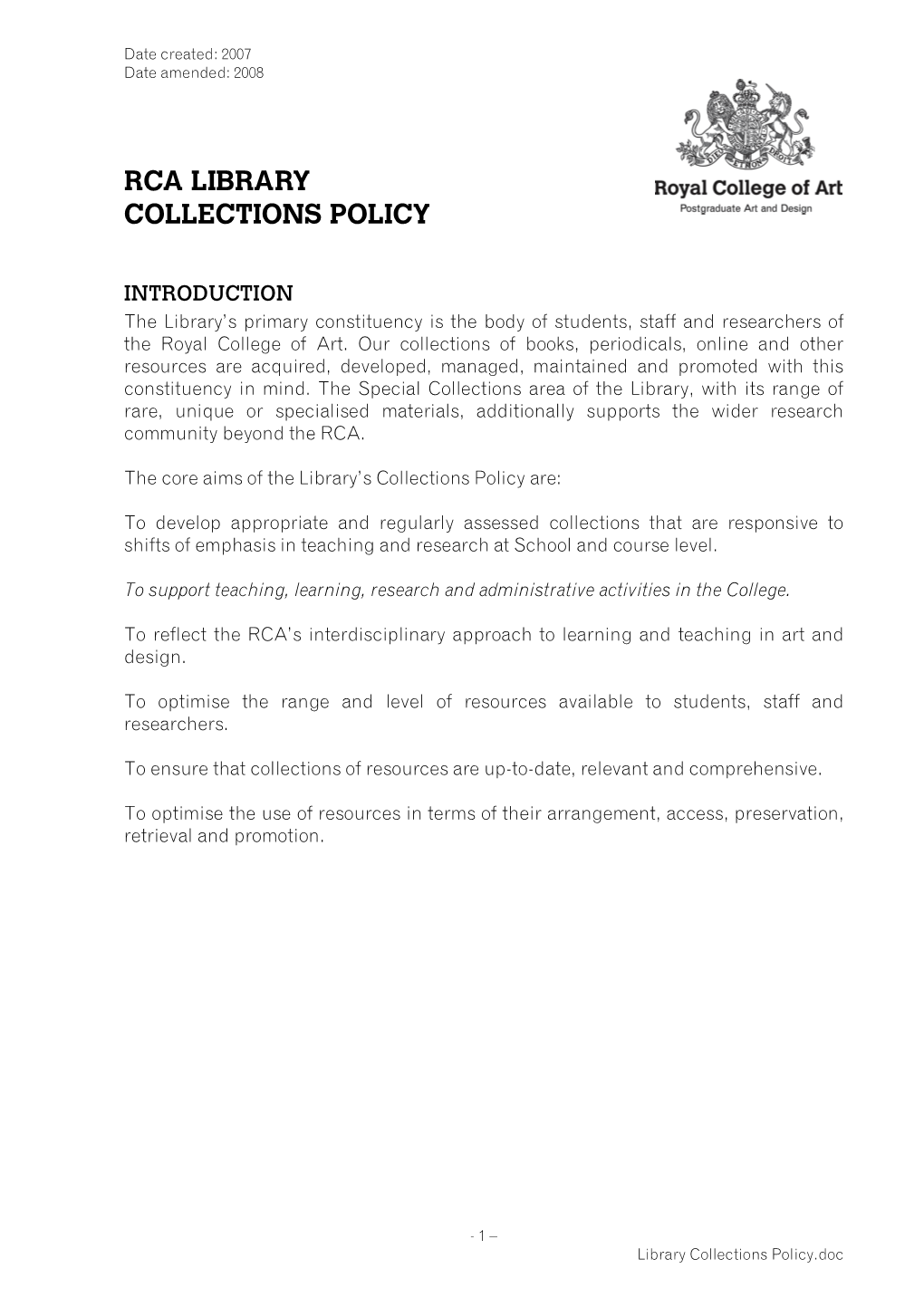 Rca Library Collections Policy